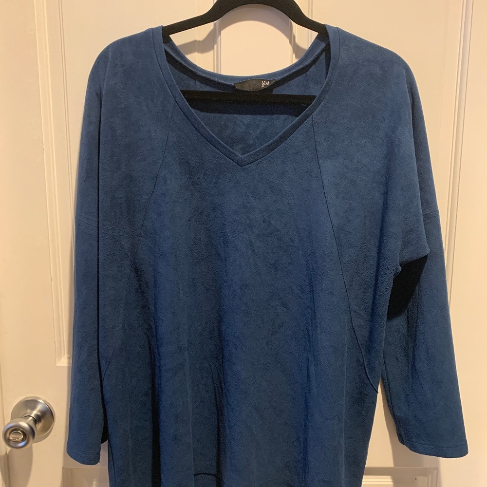 Jolt Faux Suede Long Sleeve Blue V-Neck Shirt Sz L